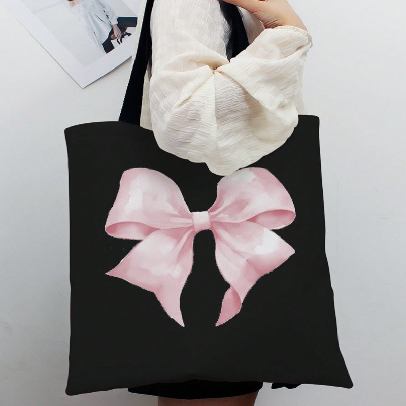 Women Bags Work - ROMWE かわいい弓模様のキャンバスショルダーバッグバレンタインキャンバスハンドバッグトートバッグ女性学生用ワークストリートトラベルギフトバッグ