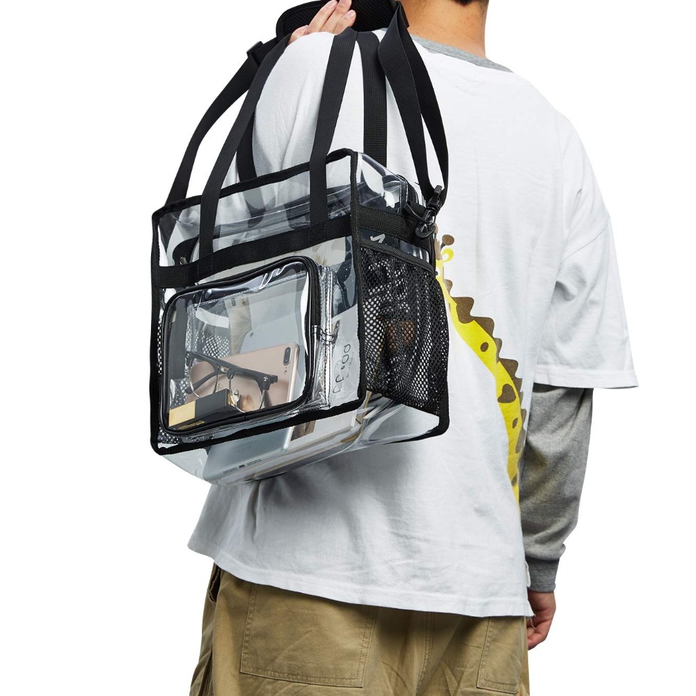 Women Bags Work - クリアトートバッグ ヘビーデューティー プラスチック製 透明 クロスボディバッグ ジッパーポケット付き