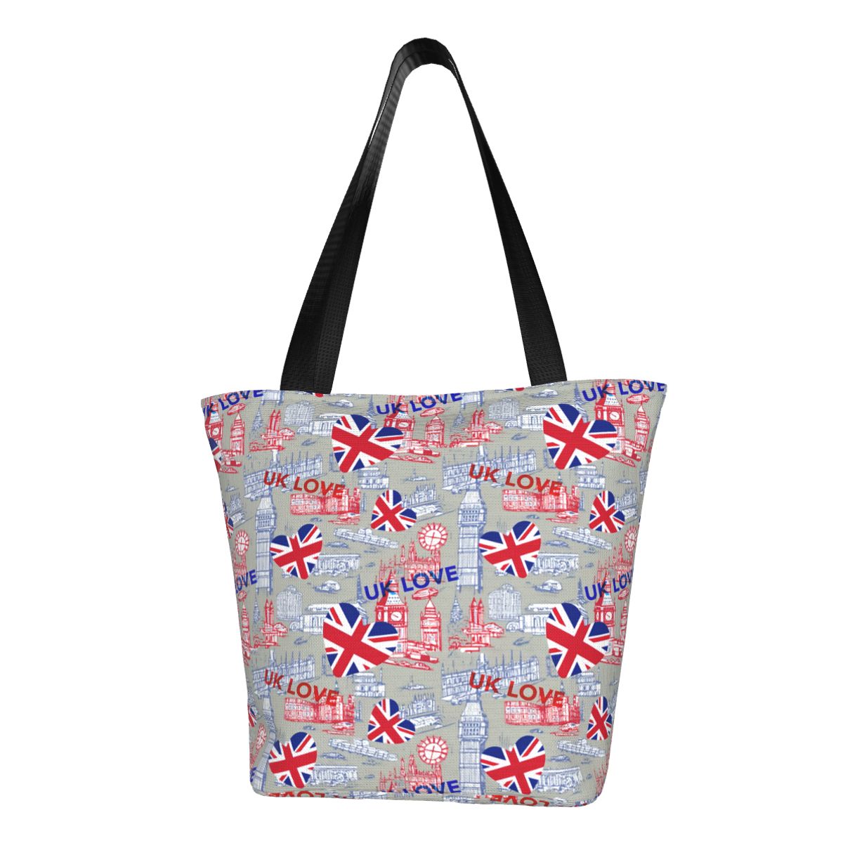 Women Bags Uk - 英国のカスタム旗愛食料品ショッピングトートバッグ女性面白いキャンバスショッパーショルダーバッグ大容量ハンドバッグ