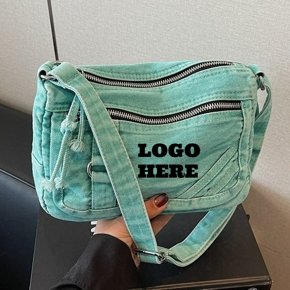 Women Bags Logo - カスタムロゴ入りファッション多用途デニム生地女性用ショルダーバッグ大容量通勤カジュアルレトロ高品質クロスボディバッグ