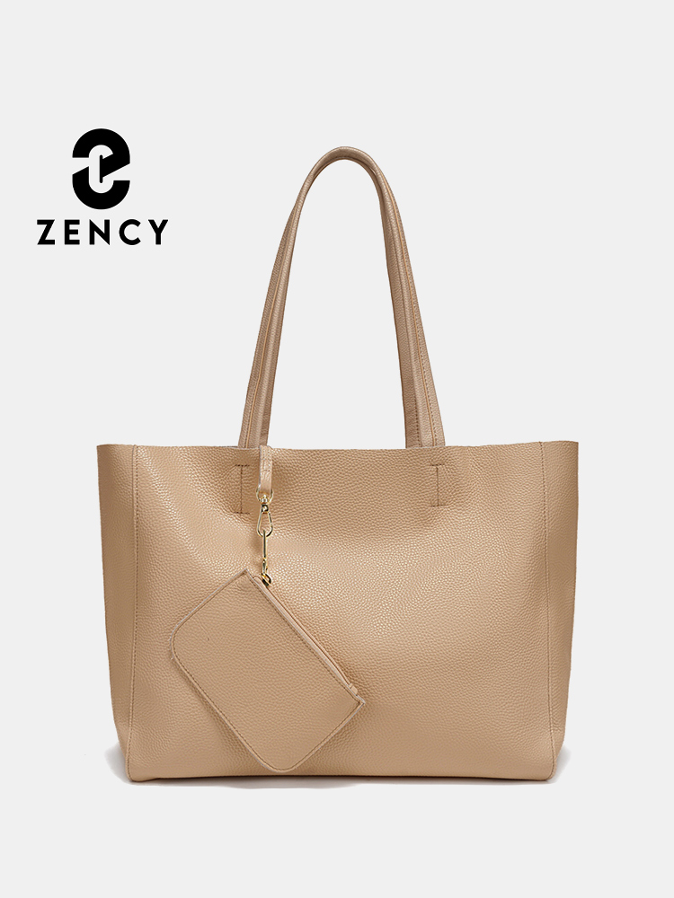 Women Bags Work - Zency 本革ラージトートバッグシンプルファッションカーキアンダーアームバッグジッパー付き A4 ワークバッグショッピング旅行用 14 インチラップトップ用