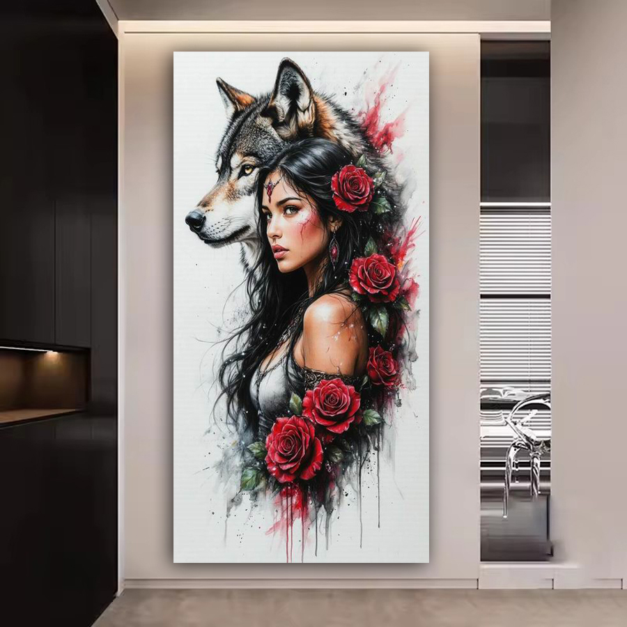 Women Bags Pictures - 女性狼ローズ大型DIYダイヤモンドアート大人向け絵画キット新コレクション動物花フルモザイク刺繍絵画
