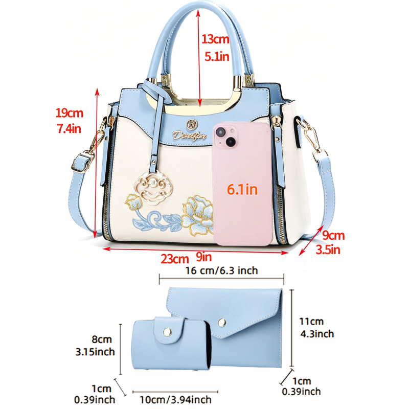 高品質な刺繍入りハンドバッグ3点セット。毎日の外出、デート、 - Women Bags Work のレビューと価格